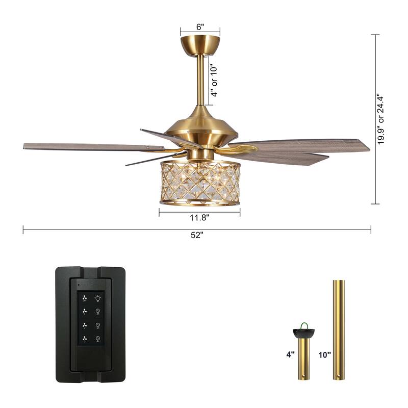 52-in Gold 3-Light Modern Crystal Chandelier Ceiling Fan with Remote