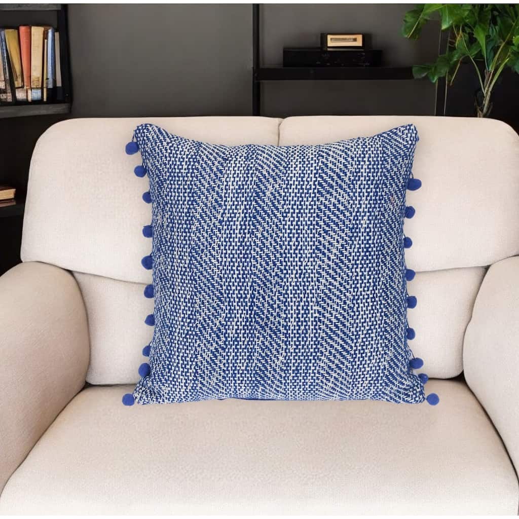HomeRoots 18" Blue and White Weave Cotton Throw Pillow With Pom Poms