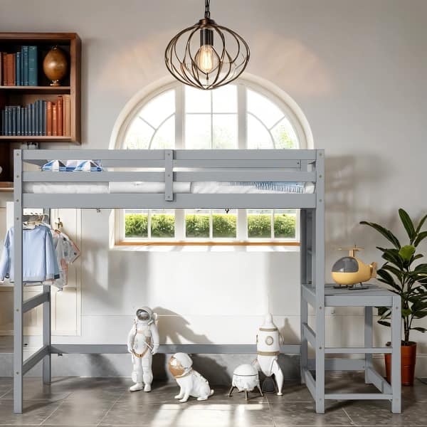 slide 2 of 16, Bunk Beds with Platform Stairs and Guard Rails, Underbed Space Grey