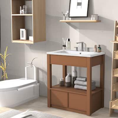 Modern 30" Single Vanity with Sinks and Drawer in Brown