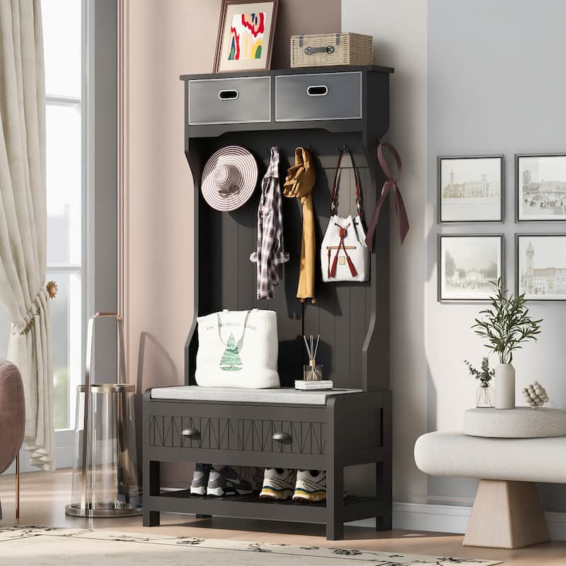 Hall Tree with 6 Hooks and Hinged Lid, Coat Hanger, Entryway Bench, Storage Bench, 3-in-1 Design, 69INCH, for Entrance, Hallway