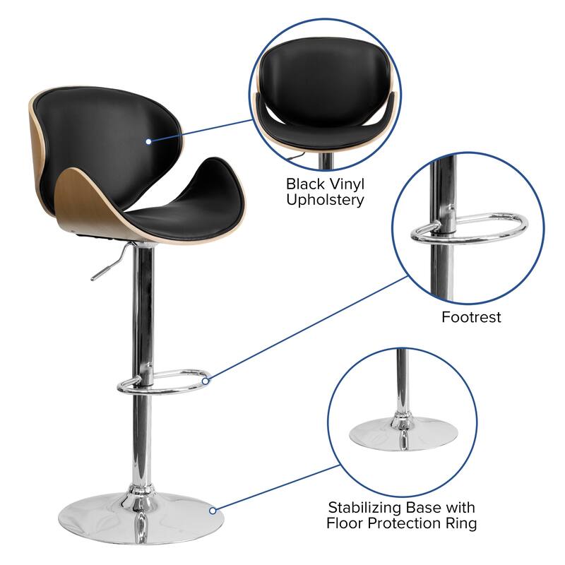 Bentwood Adjustable Height Barstool with Curved Back and Vinyl Seat - 21"W x 20"D x 37" - 45.5"H - 21"W x 20"D x 37" - 45.5"H
