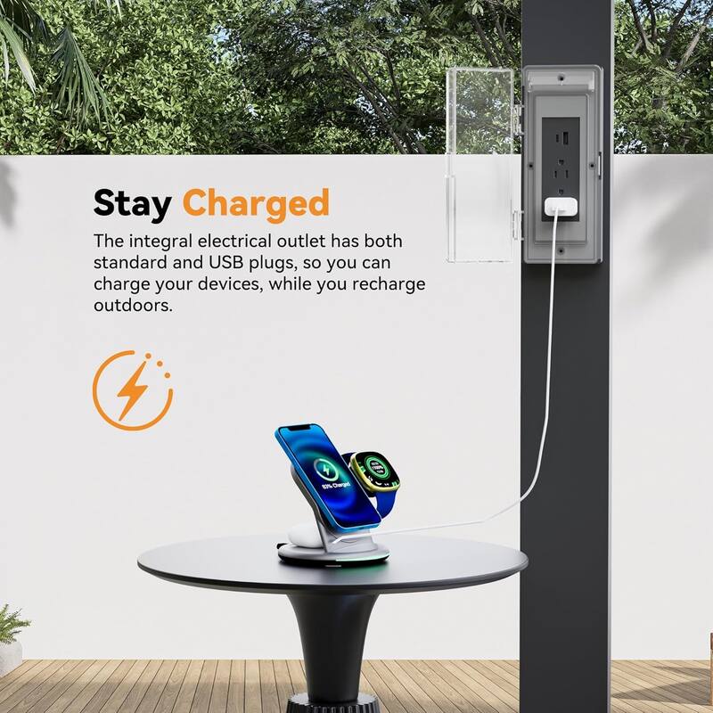 Modern Shade Louvered Pergola 10'x10' with USB Charging Port Deck, Adjustable Waterproof Roof & Integrated Drainage,Black