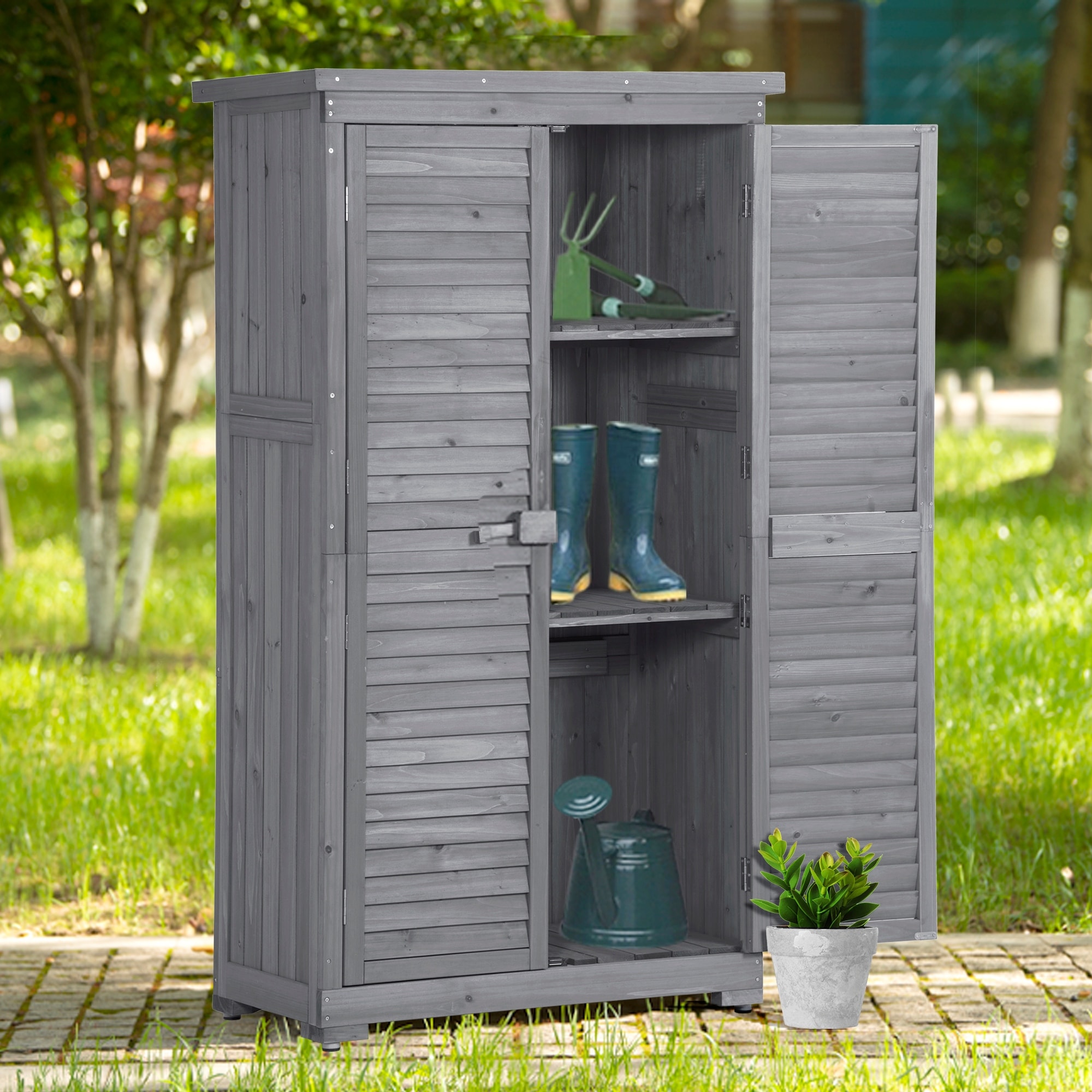Wooden Garden Shed 3-tier Patio Water-proof Roof Storage Cabinet Outdoor  Gray Firewood Organizer with Lockers for Backyard