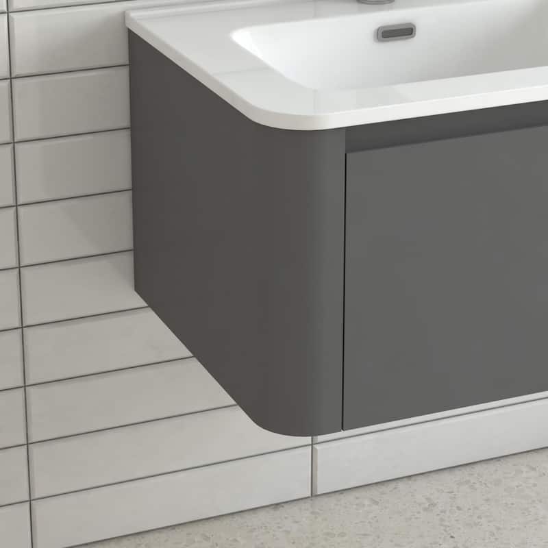 24" Grey Wall Mounted Bathroom Vanity With Basin Floating Vanity Drawer Bathroom Cabinet With White Ceramic Integrated Basin