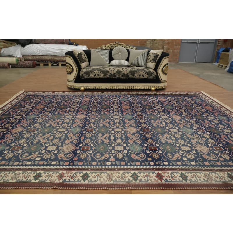 Hand Woven Oriental 100% Wool Carpet Traditional Geometric Navy Blue & Blues Sumak Area Rug - 14' 0'' X 10' 6''