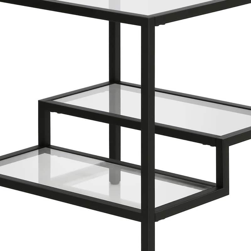 22" Glass and Steel Square End Table with Two Shelves - 22-inch H x 20-inch W x 20-inch D