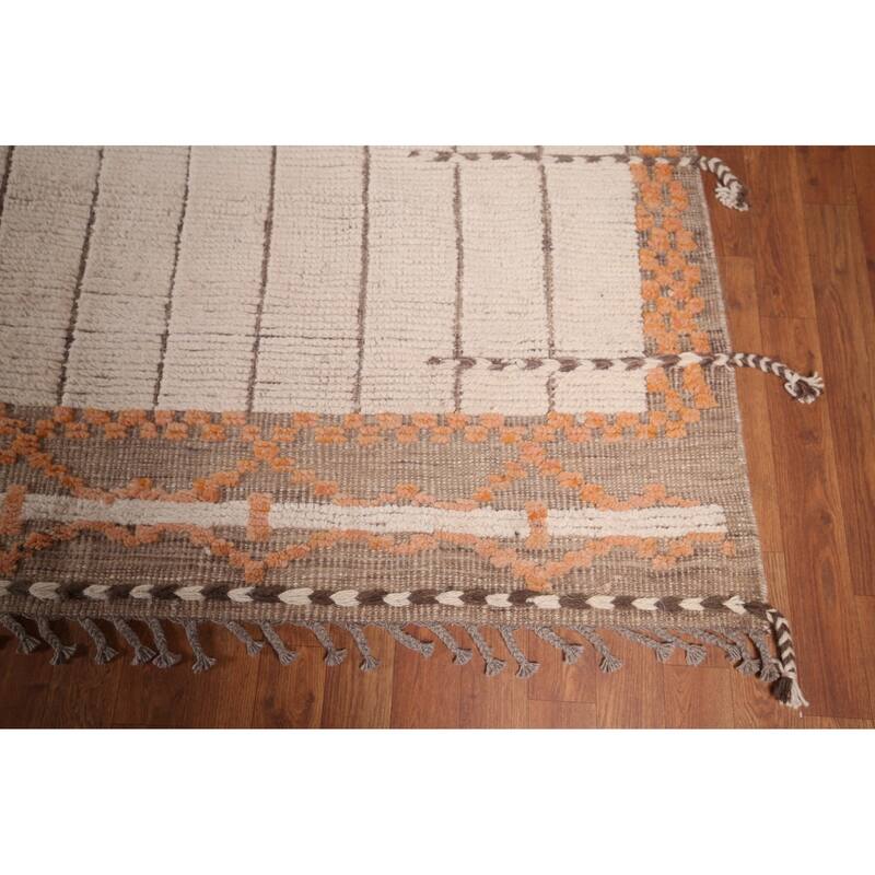 Striped Ivory Moroccan Palace Size Large Rug Hand-Knotted Wool Carpet - 14'2"x 21'6"