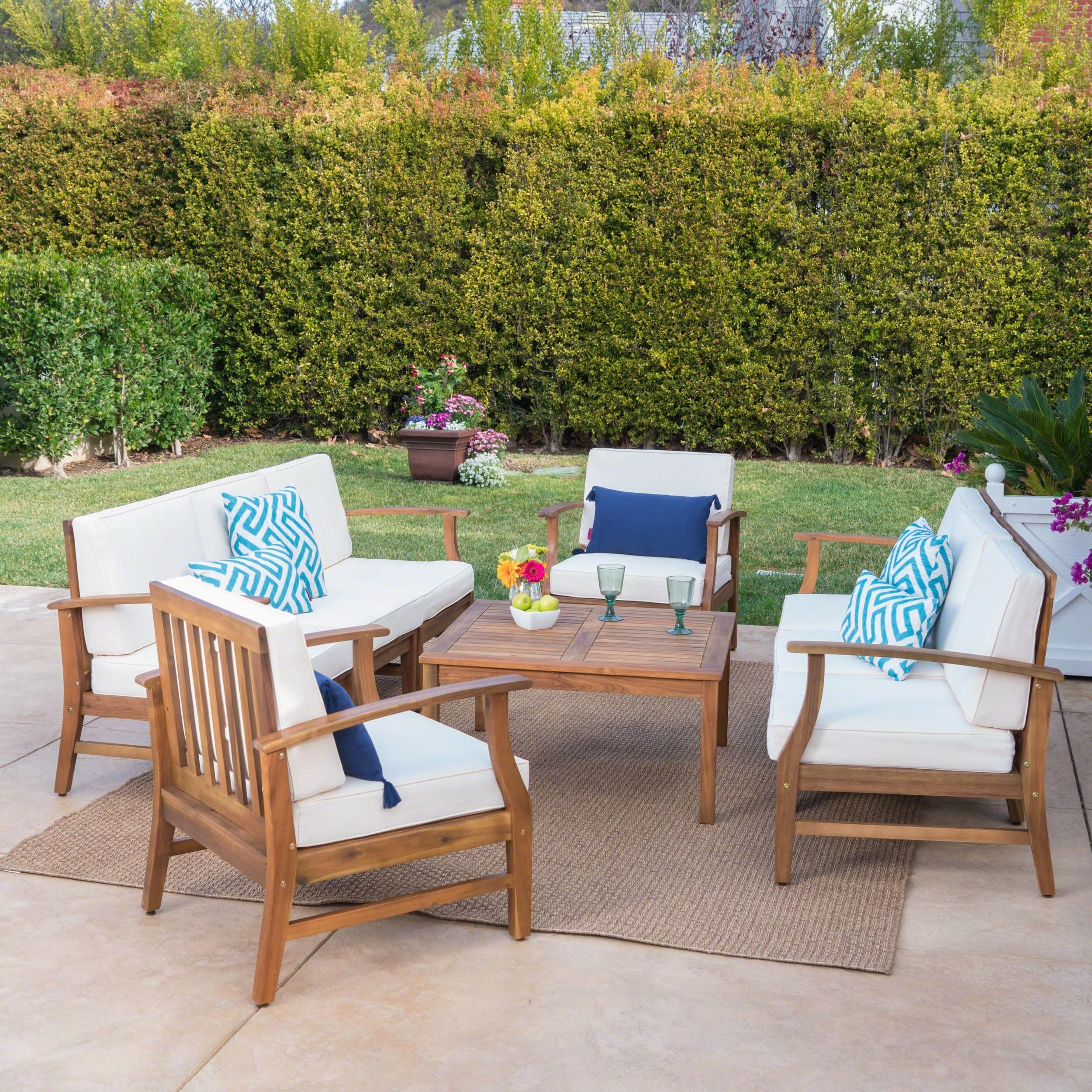 Christopher Knight Home - Outdoor Patio Conversation Set, Acacia Wood Frame with Sand Cushions