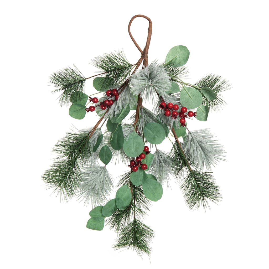 Transpac Fabric 24 in. Green Christmas Berries and Holly Twig Teardrop