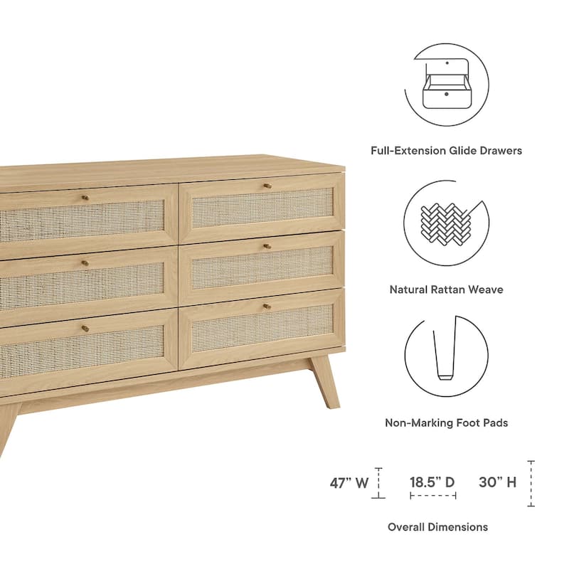 Soma 6-Drawer Dresser with Rattan Weave Fronts and Wood Grain Finish