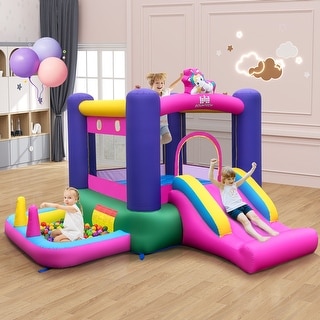 Inflatable Bounce House with Slide Splash Pool Basketball Hoop and Ring Tossing Games - 116.5" x 113" x 72"