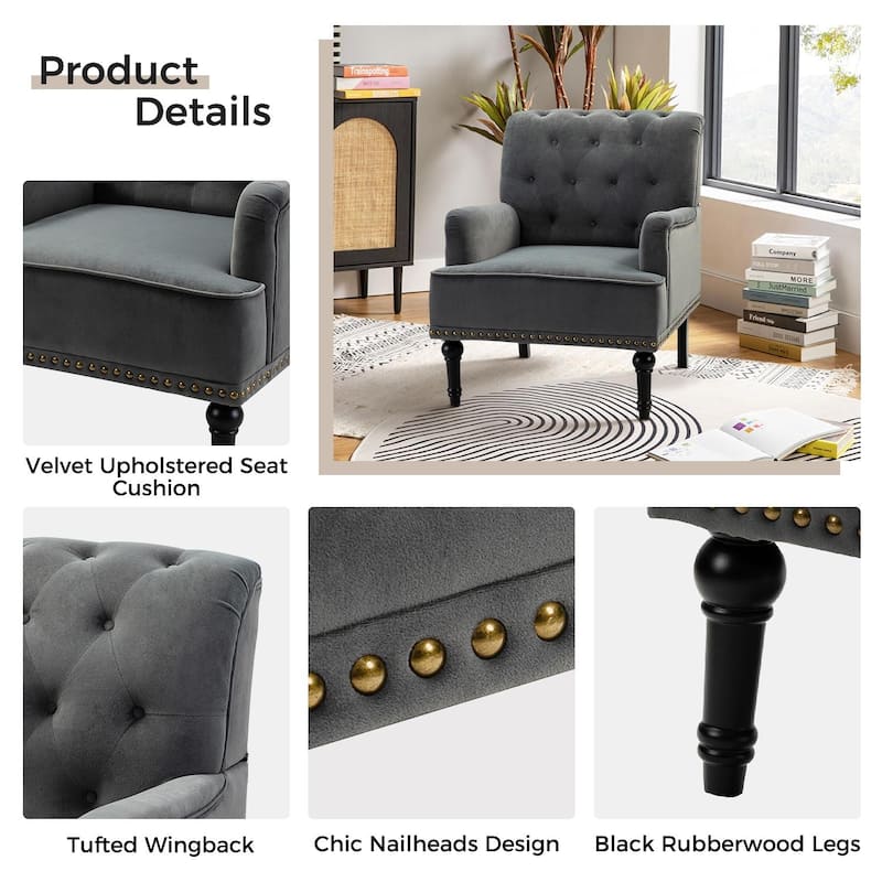 Geltrude Transitional Upholstered Button Tufted Club Chair with turned wooden Legs by HULALA HOME
