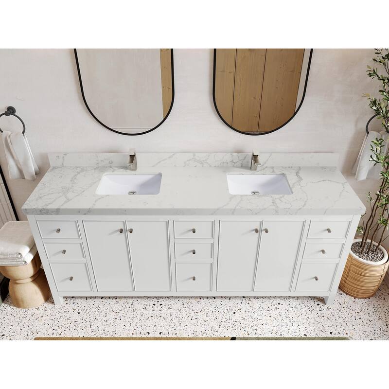 Willow Collections 84 in. W x 22 in. D Chicago Double Bowl Sink Bathroom Vanity with Countertop - 2” Venatino - White