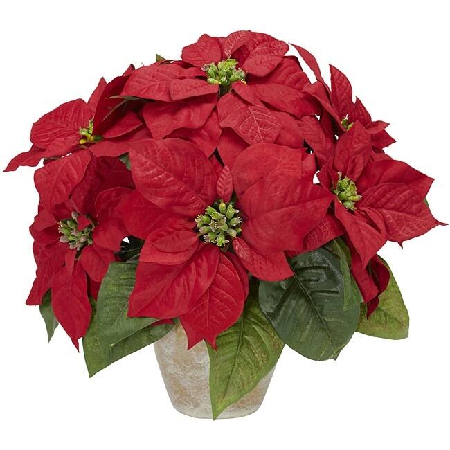 Poinsettia w/Ceramic Vase Silk Flower Arrangement - Red
