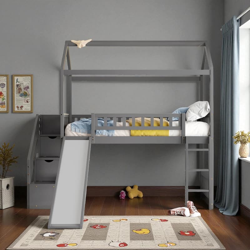 Twin Loft Bed with Slide and Storage Steps, House-Style Kids Bed with Two Drawers and Play Area, No Box Spring Needed