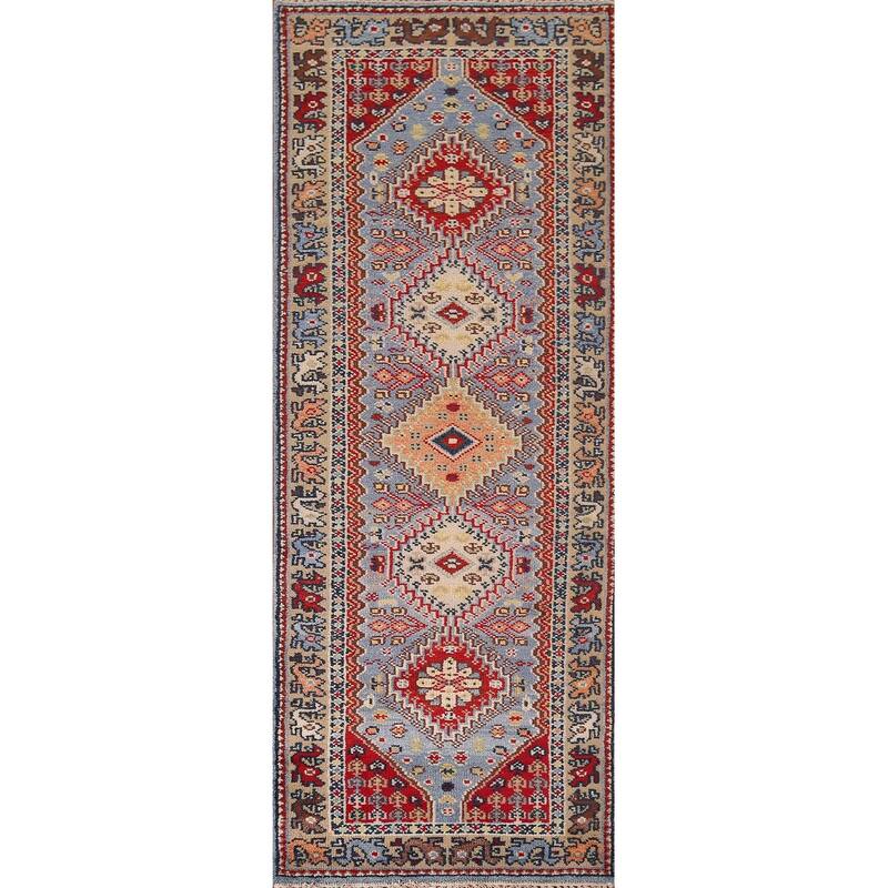 Light Blue Kazak Oriental Runner Rug Handmade Wool Carpet - 2'7"x 8'0"