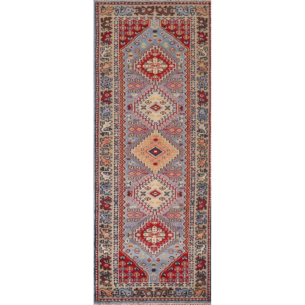 Light Blue Kazak Oriental Runner Rug Handmade Wool Carpet - 2'7"x 8'0"