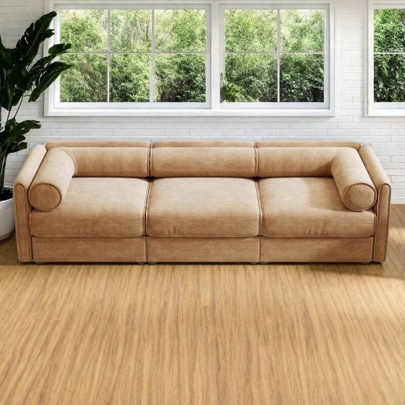Modern Chenille 6-Seater Sofa with Ottoman Storage, Hidden Storage, Cylindrical Cushioned Arms and Backrest - 3 Seater Camel