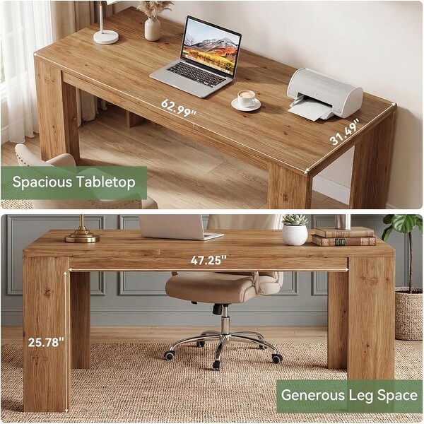 63-Inch Solid Wood Executive Desk, Rustic Farmhouse Thick Wooden