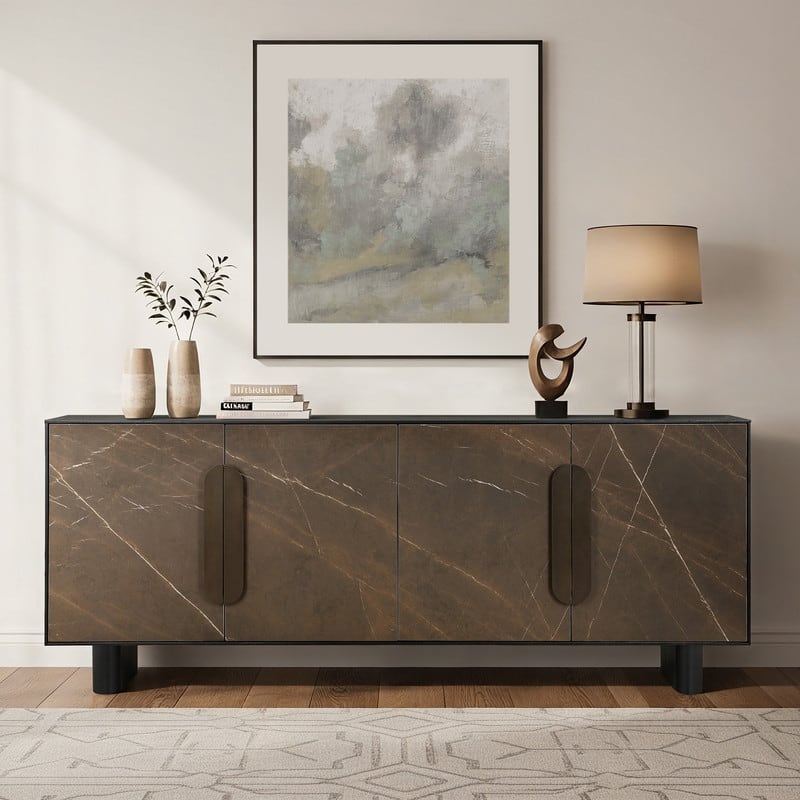 Spruce & Spring Modern Black Ash Sideboard with Cappuccino Ceramic Doors, Large Storage Cabinet