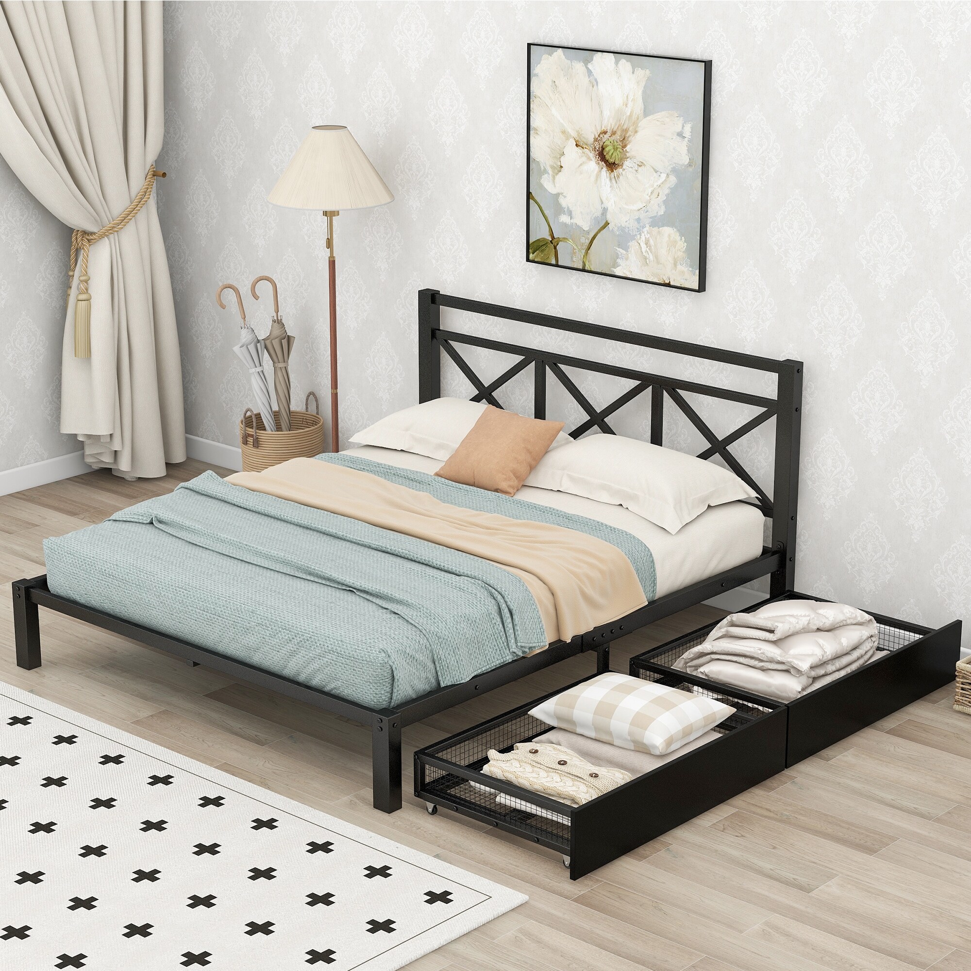 Full Size Platform Bed with 2 Drawers, Sturdy Metal Bed Frame with