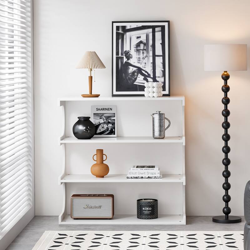 Multifunctional 4-Tier White Book Shelf & Coffee Table, Creative Furniture Floor Bookshelf, Minimalist Organizer Storage Shelves