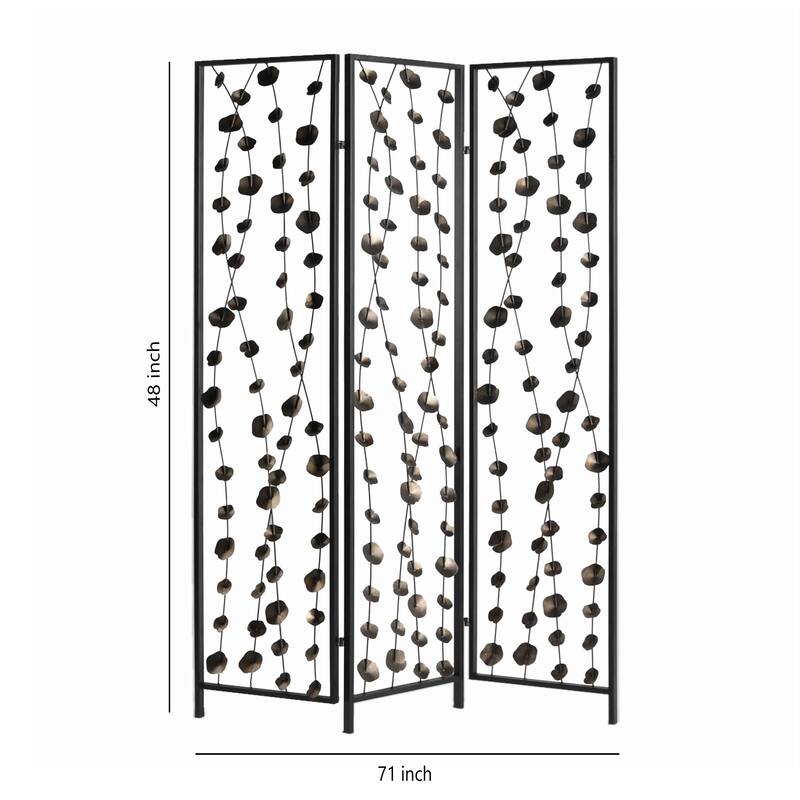 Transitional 3 Panel Metal Screen with Intricate Flower Design, Black