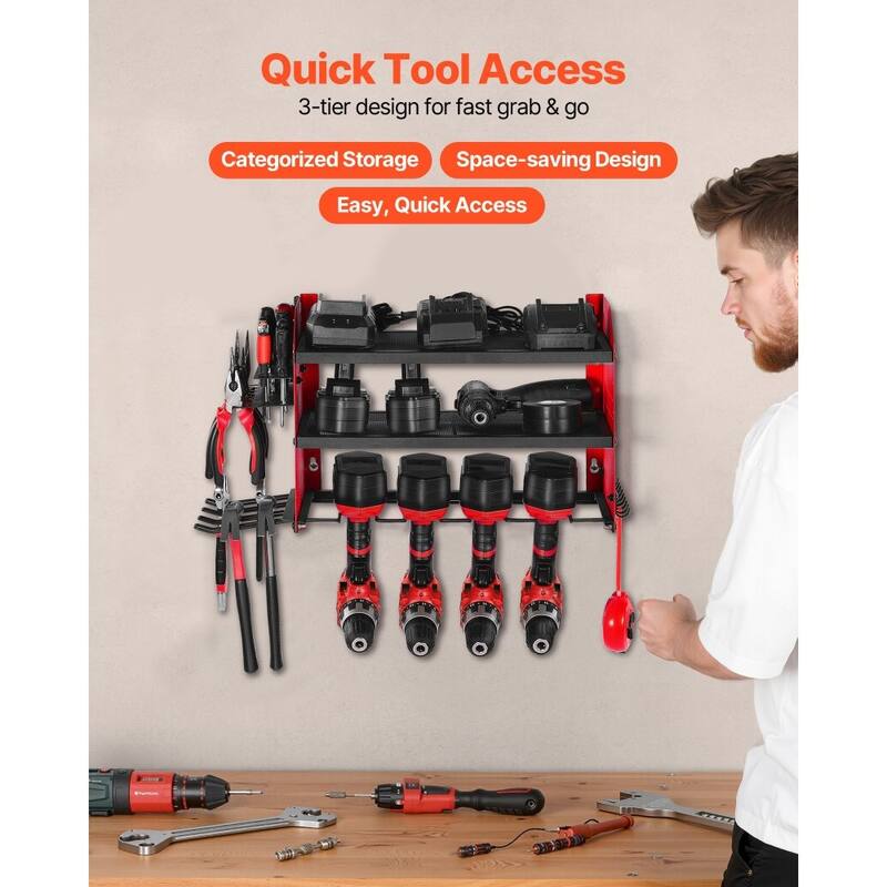 3-Tier Wall Mounted Power Tool Rack with Adjustable Shelf and 4 Drill Slots Pegboard Hooks - 23.31” x 8.66” x 12.01”