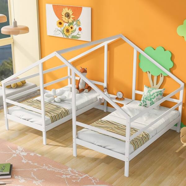 slide 2 of 22, Double Twin Size Triangular House Kids Beds Frame with Built-in Table for Shared Space, Solid Pine Construction, White White