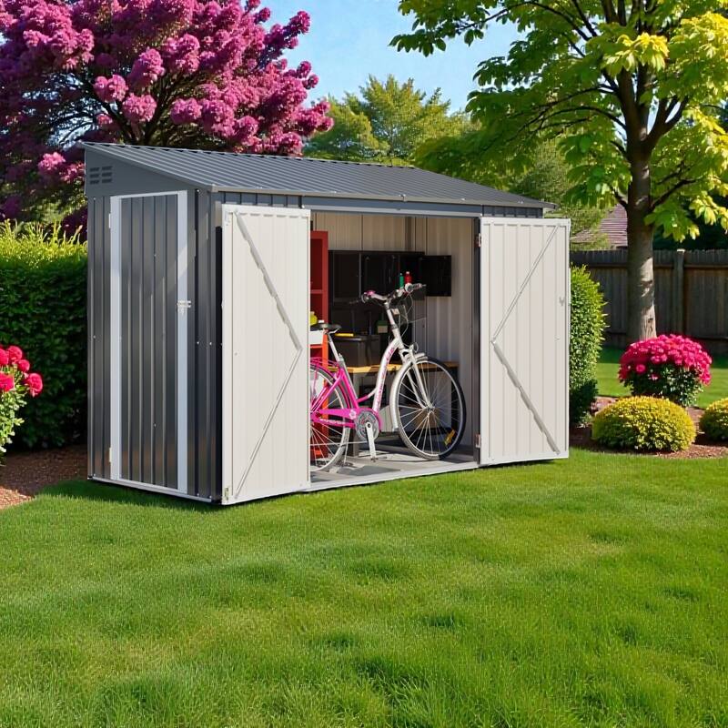 9 x 4 FT Outdoor Metal Storage Shed with Lockable Double Door, Waterproof Garden Tool Shed for Backyard