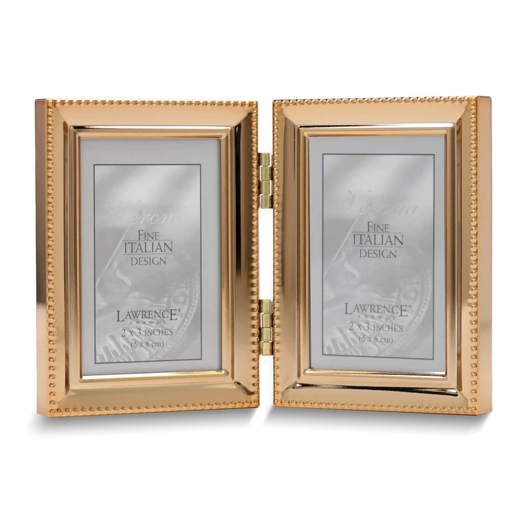 Curata Gold-Tone Portrait Hinged Polished Beaded 2x3 Double Photo Frame