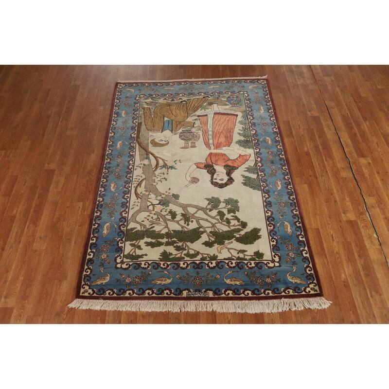 Hand Knotted Oriental 100% Wool Carpet Traditional Pictorial Green Kashan Area Rug - 6' 8'' X 4' 6''