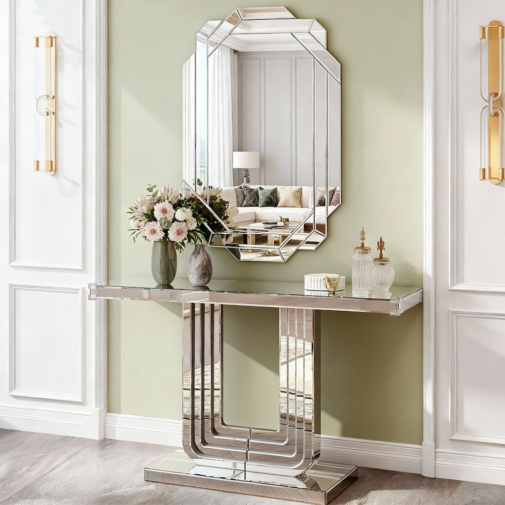 GDF Studio - Modern Silver Mirrored Console Table with U-Shaped Base