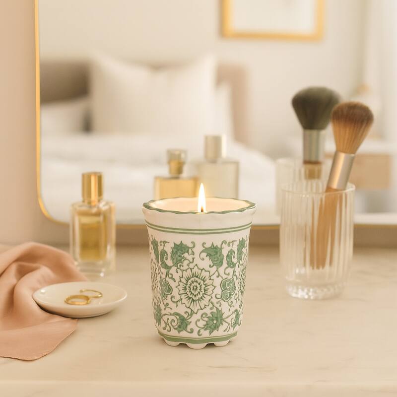 Modern Chinoiserie Ceramic Candle - Jasmine Scented Candle - 5.0" - Green