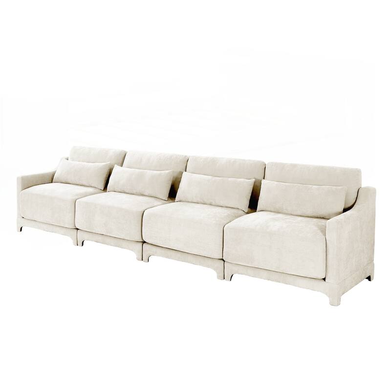 Four seater chenille sofa with lumbar pillow