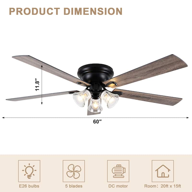 Bella Depot 52" 3-Light Brown Flush Mount Ceiling Fan with Light and Remote Control 6-speed Reversible Timer DC Motor