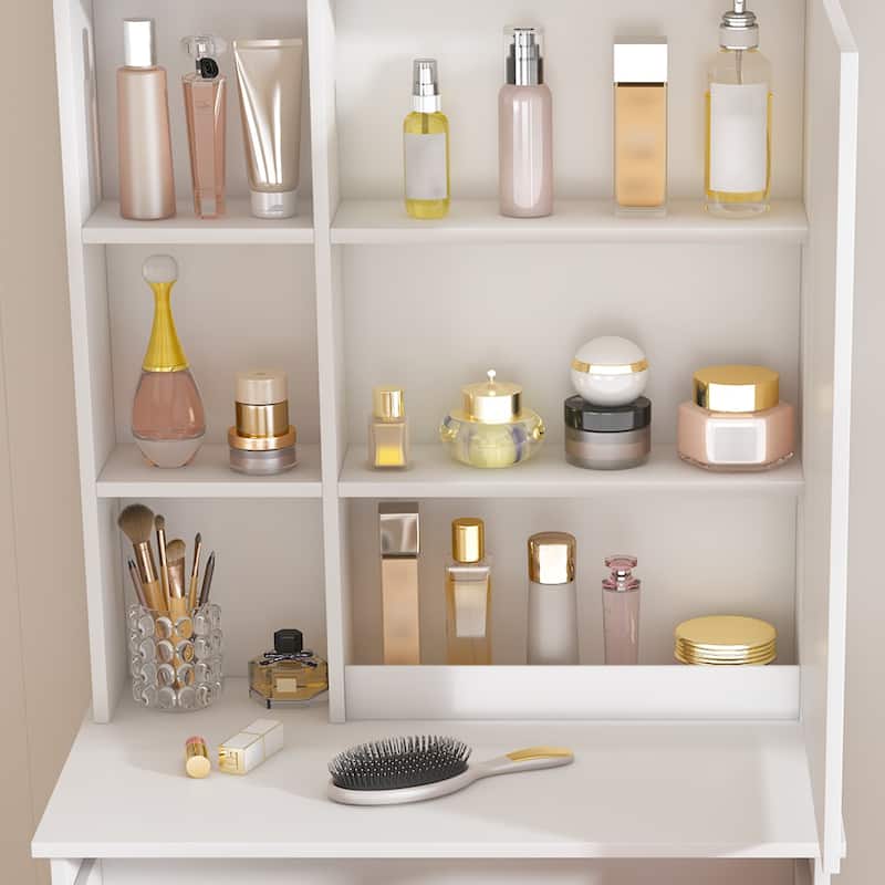 Modern Mini Dressing Table with LED-lit Mirror & Hidden Storage,Includes Padded Stool,Multi-tier Dust-proof Shelves
