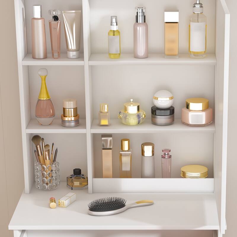 White Dressing Table with Padded Stool, Bedroom Makeup Vanity Desk with Adjustable LED Light Mirror