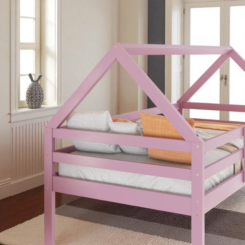 Twin Over Twin Floor Bunk Bed with House Roof Design, Rubber Wood Frame, Ladder and Guardrails for Kids Bedroom