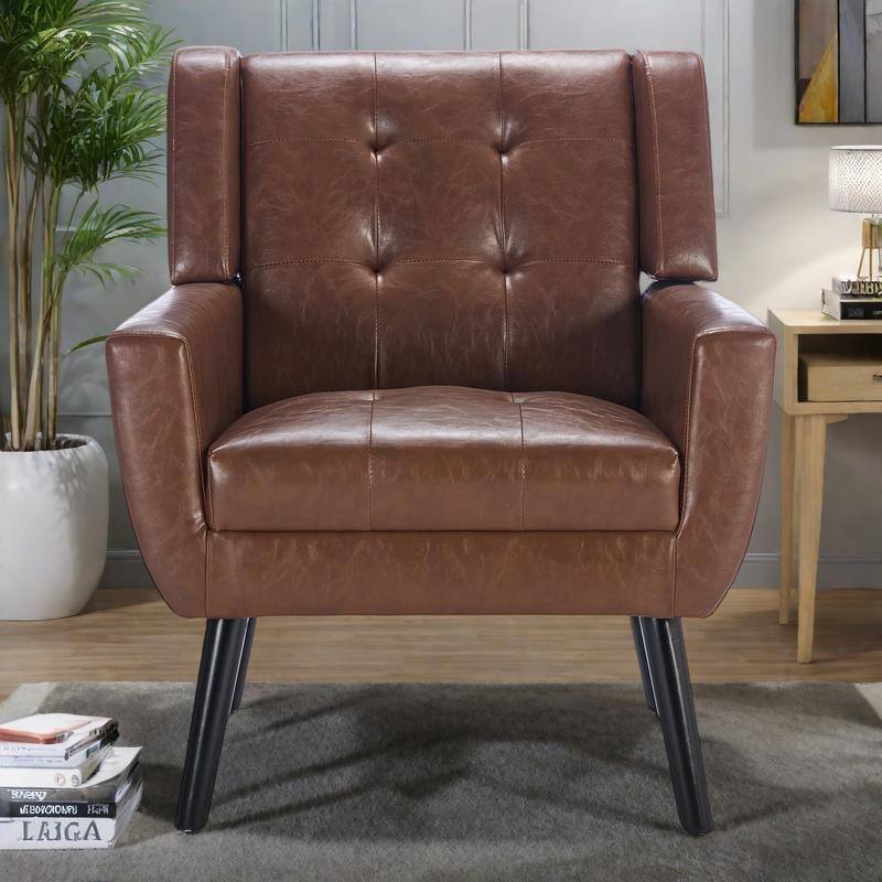 PU Ergonomic Accent Chair with Curved Back and Black Wood Legs, 250lb Capacity
