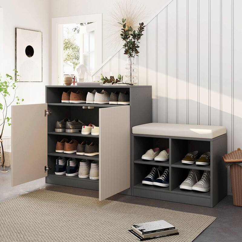 Living Room Cabinet with Shoe Bench, 2 Doors & 3-Tier Adjustable Shelves
