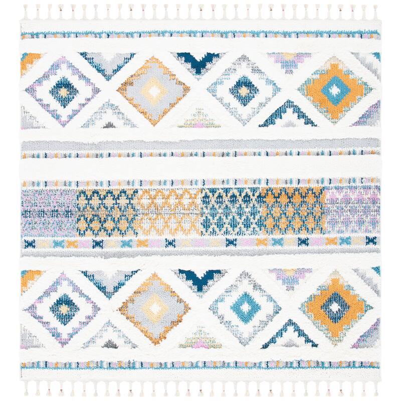 SAFAVIEH Moroccan Fringe Shag Mozell Rug - 6'7" Square - Ivory/Navy