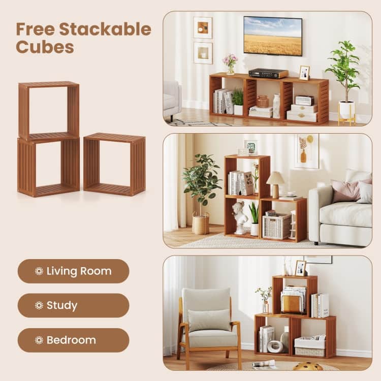 Teak Solid Wood 3 Cube Bookcase Shelves for Storage and Display - 11.5" x 19.5" x 19.5"