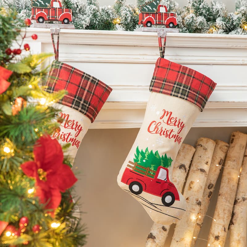 Glitzhome 21"L Embroidered Linen Red Truck Dachshund Christmas Stocking