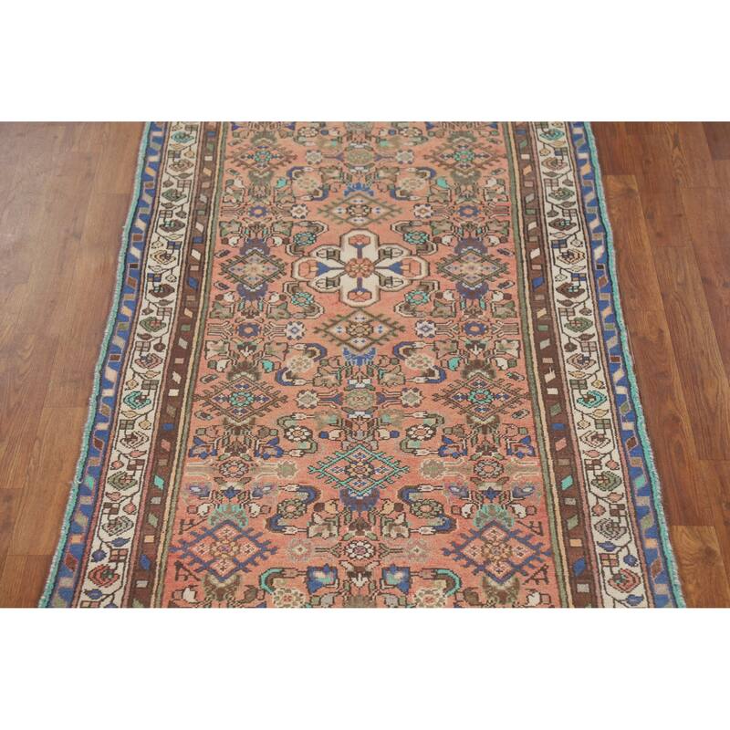 Hand Knotted Oriental 100% Wool Carpet Traditional Geometric Coral Hamedan Runner Rug - 10' 4'' X 3' 3''