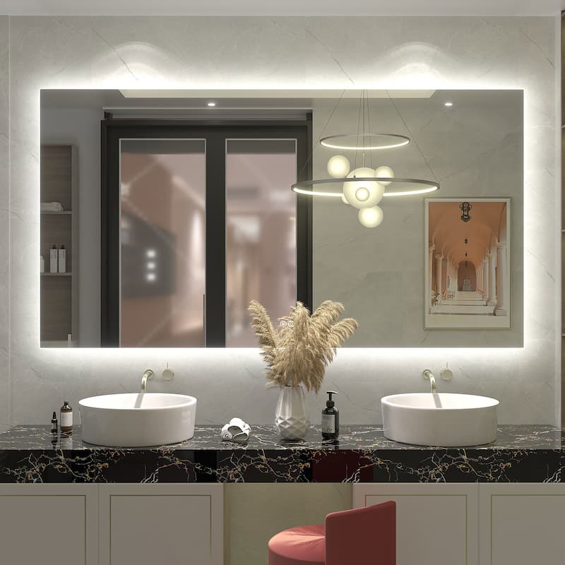 Frameless Anti-Fog 3 Colors Dimmable LED Backlit Wall Bathroom Vanity Mirror - 66" x 36"-Rectangular
