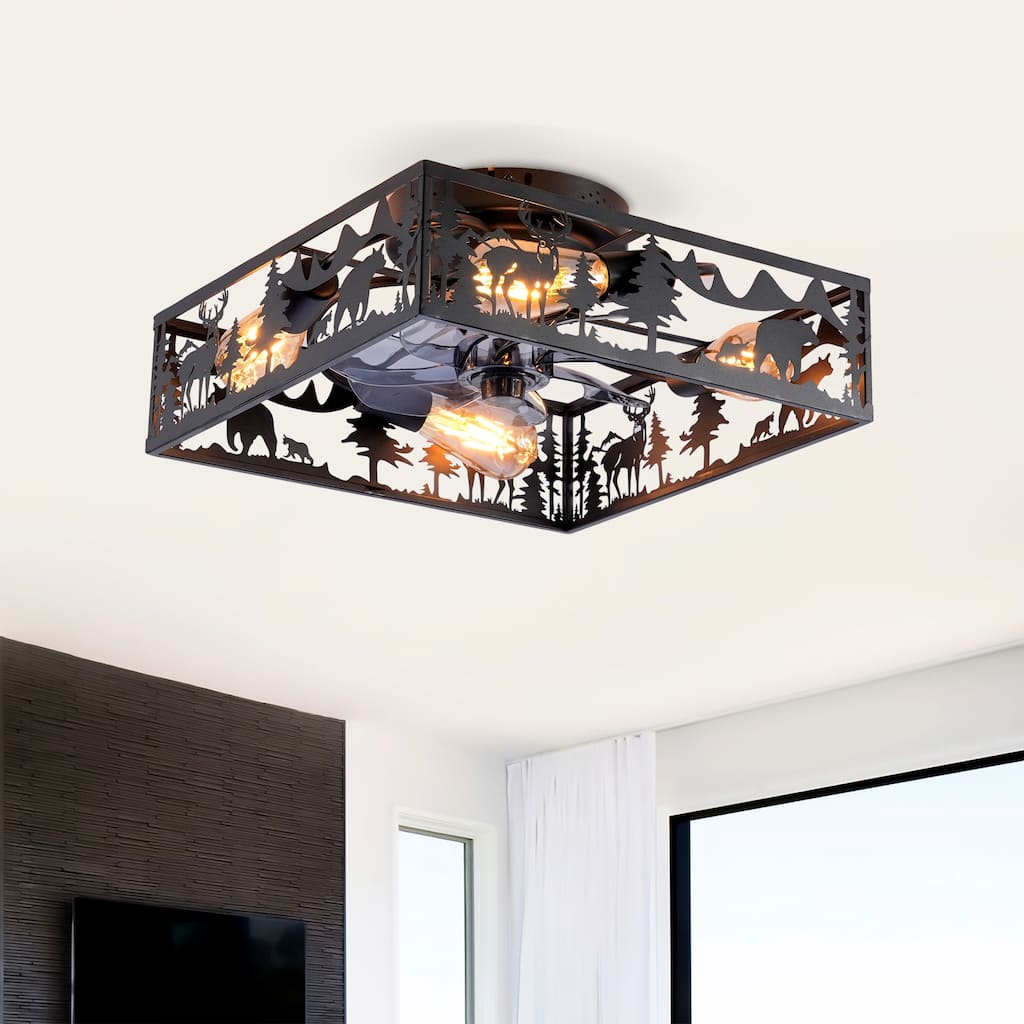 20'' Farmhouse Flush Mount Caged Ceiling Fan with Lights and Remote, Black Square Bladeless 6 Speeds Reversible Ceiling Fan
