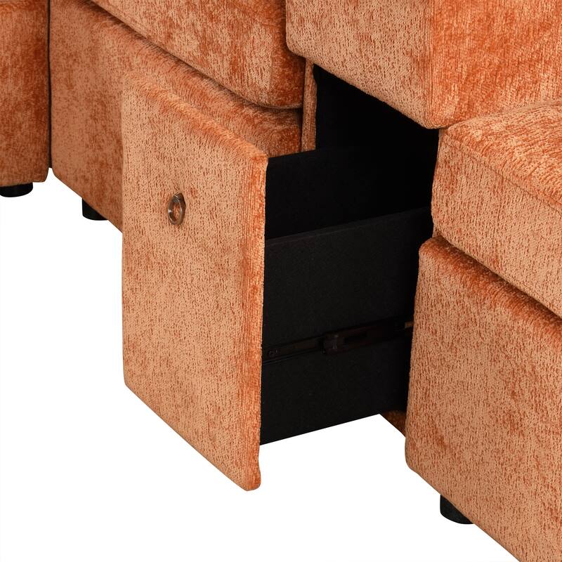 120.5" Chenille L-Shaped Convertible Sofa Bed with Pull-Out Bed, Storage Ottoman & Cup Holders