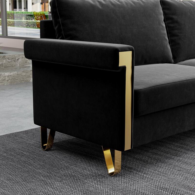 2-Seat Velvet Sofa with Flared Arms and Gold Metal Accents, Mid-Century Modern for Living Room